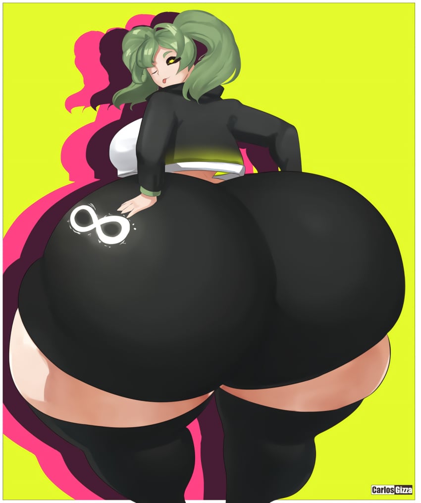 1girls ass_bigger_than_head ass_bigger_than_torso big_breasts carlosgizza enormous_ass gigantic_ass green_hair huge_ass hyper hyper_ass hyper_hips hyper_thighs infinity_symbol long_hair looking_at_viewer looking_back massive_ass tagme thick_thighs tongue wide_hips