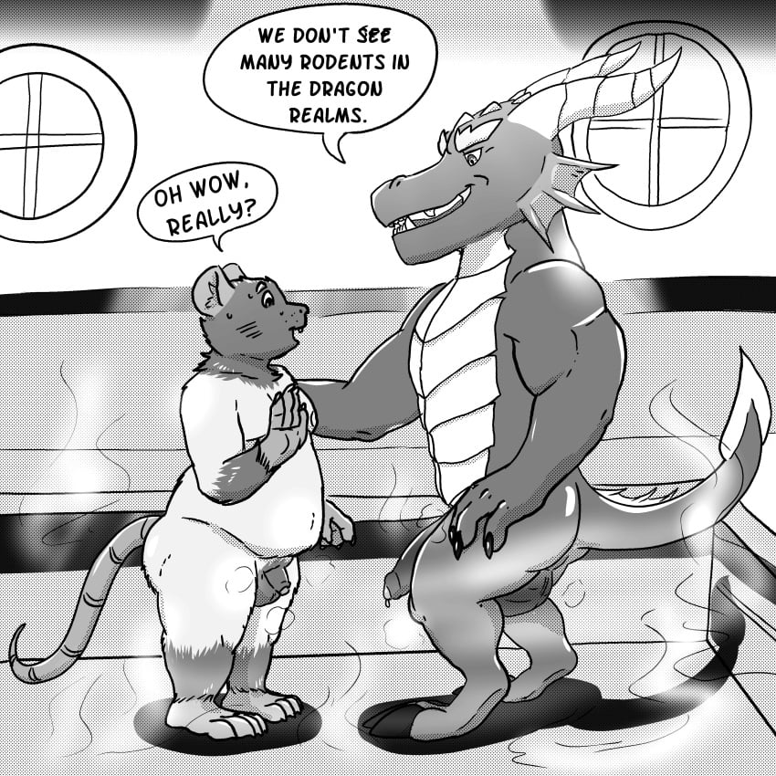 absurd_res black_and_white comic dark_sparce dragon genitals hi_res hot_spring male male/male mammal monochrome murid murine muscular muscular_male mythology overweight overweight_male penis rat rodent shortstacked size_difference small_penis tail thick_thighs water