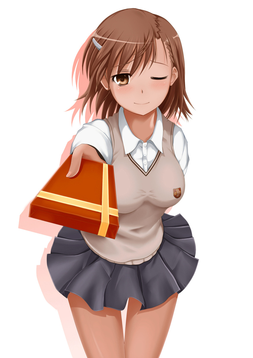 10s 1girls 2010 alternate_breast_size arakia bare_thighs breasts brown_eyes brown_hair brunette clothed clothed_female foreshortening gift hair_ornament hairclip holding holding_gift incoming_gift looking_at_viewer matching_hair/eyes medium_breasts misaka_mikoto one_eye_closed school_uniform schoolgirl shadow short_hair solo standing sweater_vest teenage_girl teenager thighs to_aru_kagaku_no_railgun to_aru_majutsu_no_index tokiwadai_school_uniform valentine's_day white_background wink young