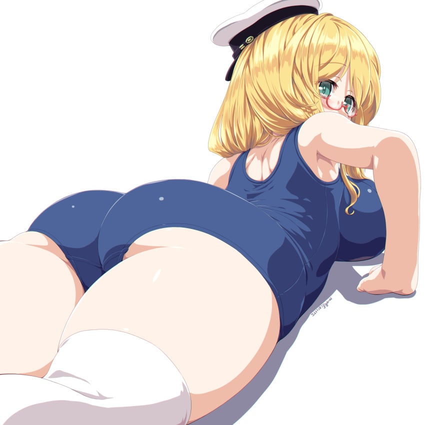 ass ass_focus blonde_hair breasts dd_(ijigendd) female glasses hat highres huge_ass i-8_(kantai_collection) kantai_collection large_breasts long_hair looking_at_viewer low_twintails lying on_stomach one-piece_swimsuit peaked_cap red-framed_eyewear school_swimsuit semi-rimless_eyewear simple_background solo swimsuit thick_thighs thigh_squish thighhighs twintails twitter_username white_background