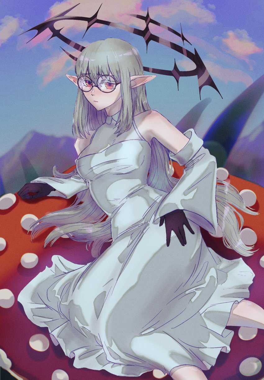 clothed clothing dress eyewear fairy female female_only fungus glasses gloves hair handwear hi_res humanoid iarterlyx long_hair lying mountain mushroom png pointy_ears solo white_hair