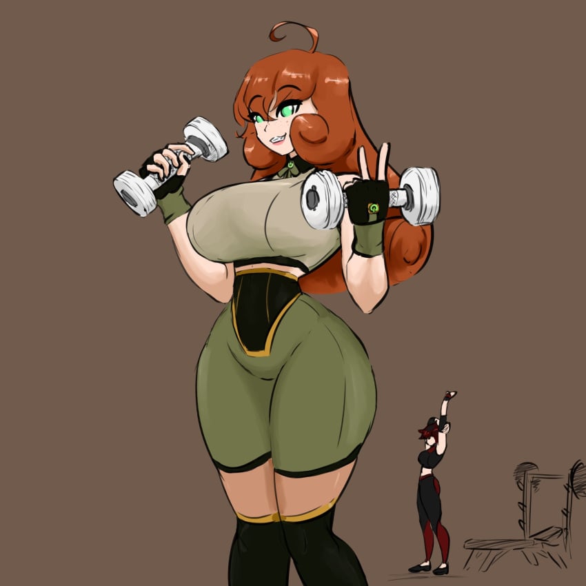 ahoge clothed curly_hair dumbbell exercise female_only freckles ginger green_eyes grin hourglass_figure huge_breasts jakearmorsmith long_hair orange_hair peace_sign penny_polendina ruby_rose rwby smile stretching thin_waist wasp_waist weightlifting weights wide_hips workout_clothes yoga_pants