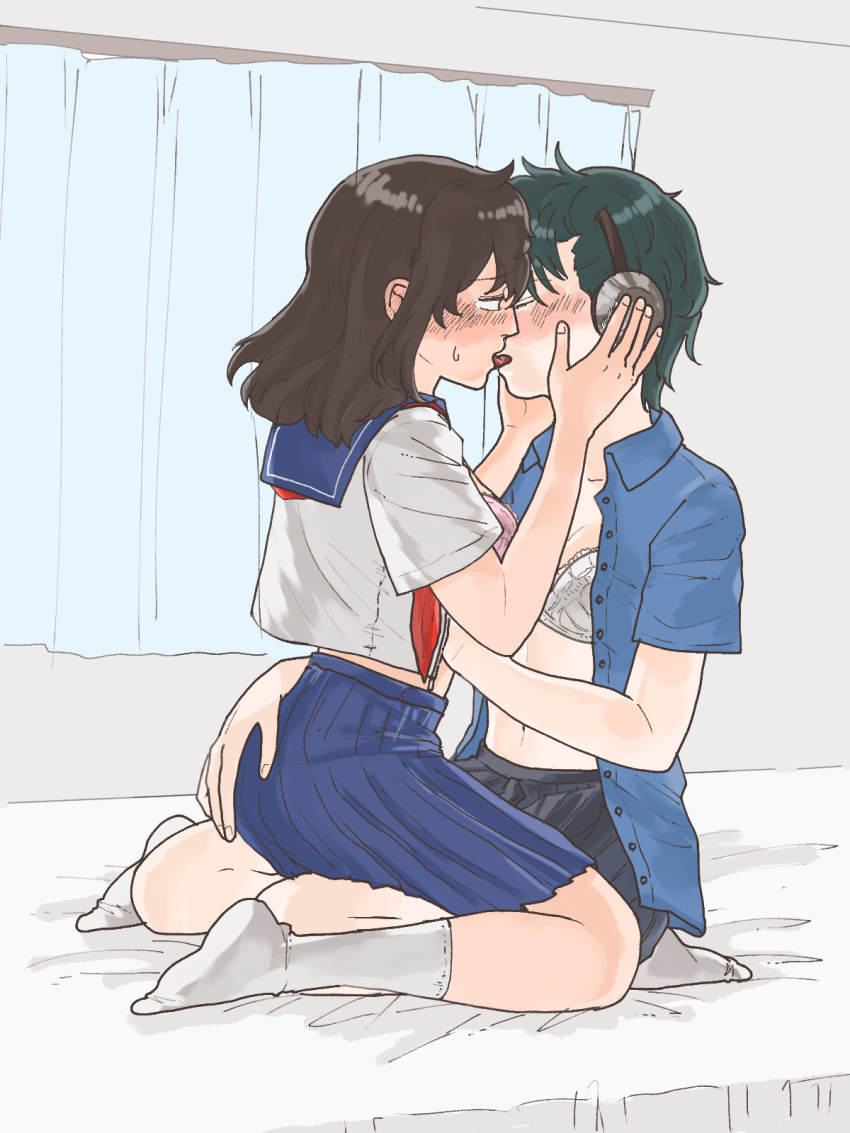 2girls black_hair blush brown_hair class_3-z dark_hair female female_only french_kiss full_body genderswap_(mtf) gintama hand_on_another's_face hand_on_ass headphones holding_face kawakami_bansai kissing looking_at_another medium_hair official_alternate_costume on_bed open_shirt partially_undressed pink_bra punk rule_63 sahara_(pixiv) school_uniform schoolgirl serafuku short_hair sitting sitting_on_lap sitting_on_person socks sweatdrop teal_hair tomboy tongue_out unbuttoned_shirt very_short_hair white_bra yamazaki_sagaru yuri