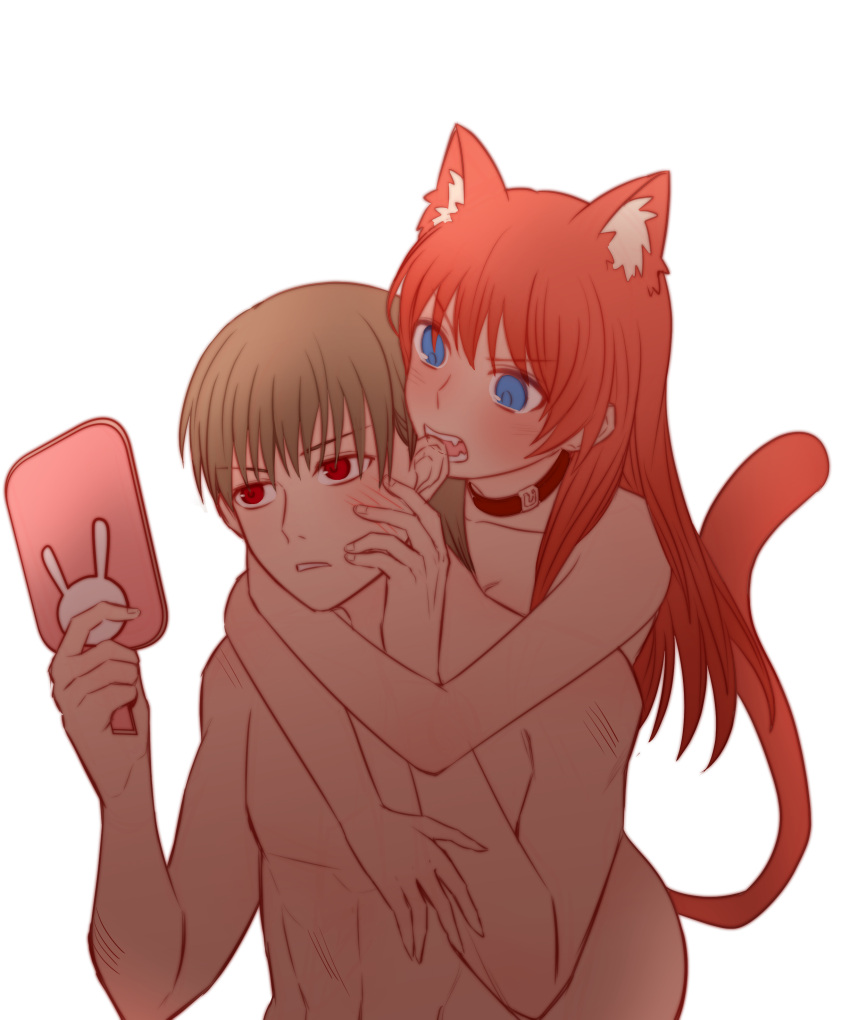 1boy 1girls after_sex aged_up animal_ears annoyed bite biting blue_eyes blush brown_hair cat_ears cat_tail catgirl choker collar completely_nude cute duoj ear_biting fangs female gintama hair_down hugging_from_behind injury inner_ear_fluff kagura_(gintama) kemonomimi light_brown_hair long_hair male mirror nude okita_sougo orange_hair red_eyes scratches