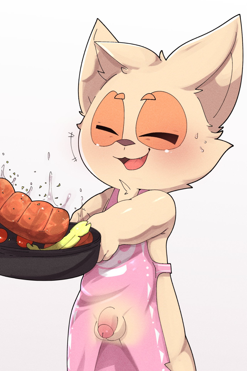 anthro apron apron_only balls blush closed_eyes clothed clothing cookware flaccid food frying_pan fur genitals hi_res kitchen_utensils league_of_legends male mostly_nude partially_clothed penis riot_games smile smite_(artist) solo tan_body tan_fur teemo tools video_games yordle