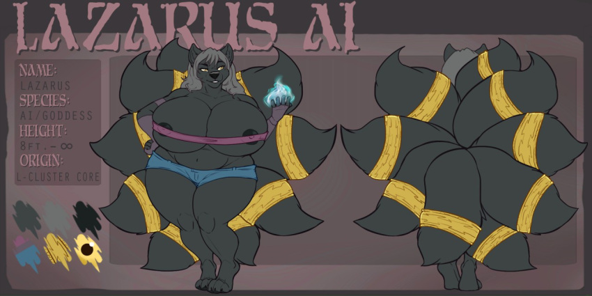 9_tails anthro big_breasts black_body black_fur breasts canid canine deity female fireorca fox fur furry furry_only goddess huge_breasts lazarus_(fireorca) mammal model_sheet multi_tail reference_sheet solo tail