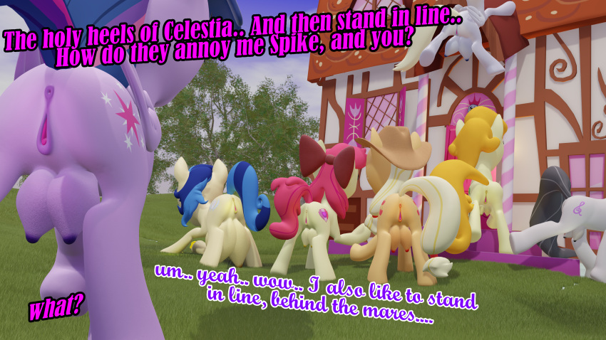 3d above_average_crotchboobs absurd_res anus apple_bloom_(mlp) applejack_(mlp) big_crotchboobs bodily_fluids carrot_top_(mlp) clopmaestroman crotchboobs english_text equid equine female feral friendship_is_magic genitals group hasbro hi_res horse mammal milky_way_(mlp) muffins_(mlp) my_little_pony octavia_melody pony pussy spike_(mlp) tears text twilight_sparkle_(mlp) udders