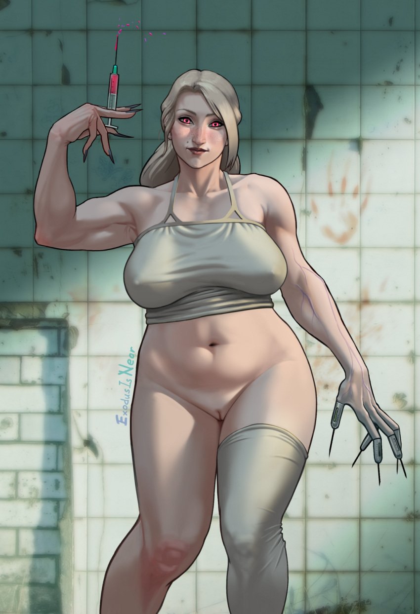 blonde_hair bottomless chubby exodusisnear large_breasts looking_at_viewer ngmi nightmare_waifu pink_eyes pussy standing syringe syringe_claws