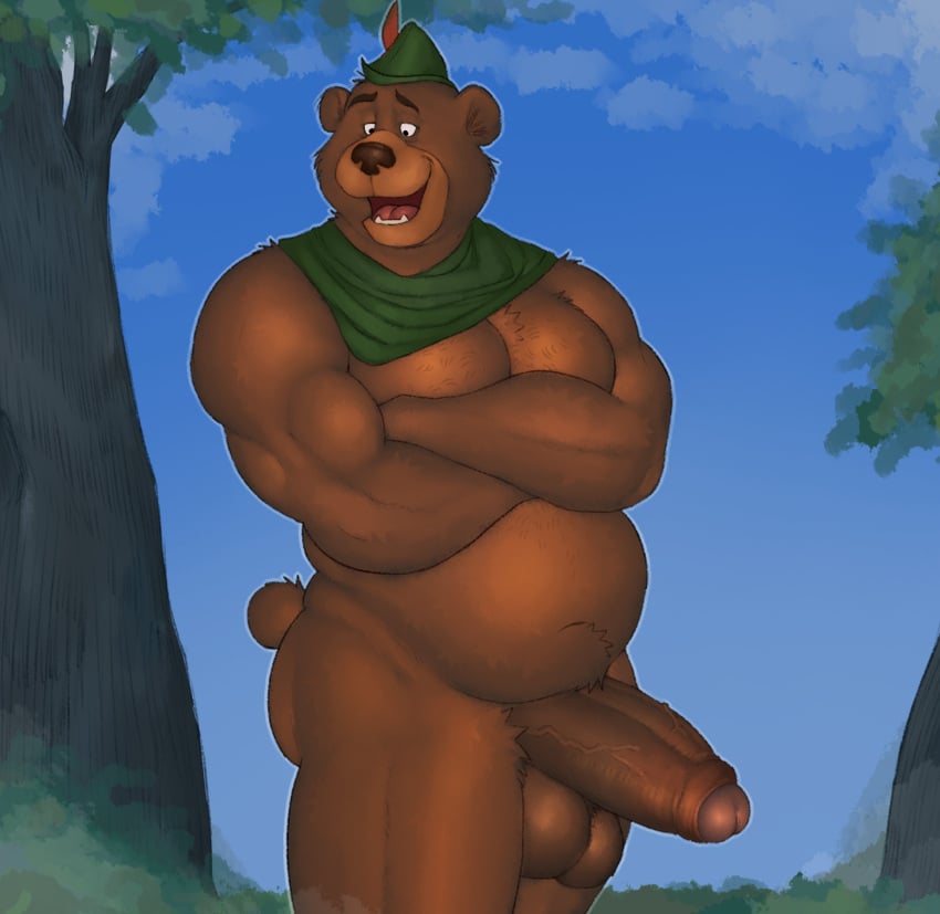 2022 anthro ass balls belly biceps big_balls big_penis biped black_nose boner clothing crossed_arms day digital_media_(artwork) disney erection eyebrows fleshformomo foreskin forest genitals glans hat headgear headwear hi_res humanoid_genitalia humanoid_penis little_john male male_only mammal musclegut muscular muscular_anthro muscular_male muscular_thighs navel nude open_mouth open_smile outside overweight overweight_anthro overweight_male pecs penis pinup plant portrait pose quads robin_hood_(disney) shrub sky smile solo teeth thick_penis thick_thighs three-quarter_portrait tongue tree ursid vein veiny_penis