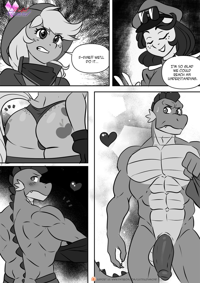 anthro anthrofied applejack_(mlp) ass balls blush breasts clothed clothing comic dialogue dragon english_text equid equine female friendship_is_magic genitals hasbro heart hi_res male mammal monochrome muscular muscular_male my_little_pony nude page_5 penis pia-sama smooth_skin spike_(mlp) text thong underwear