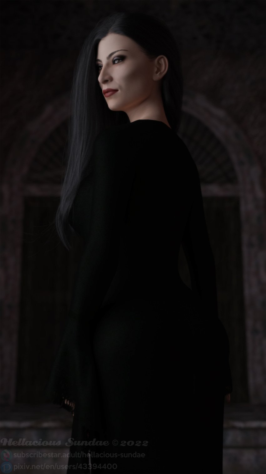 1girls 3d ass_in_dress clothed clothed_female clothing dress female female_only fully_clothed goth hellacious_sundae long_dress morticia_addams solo tagme the_addams_family