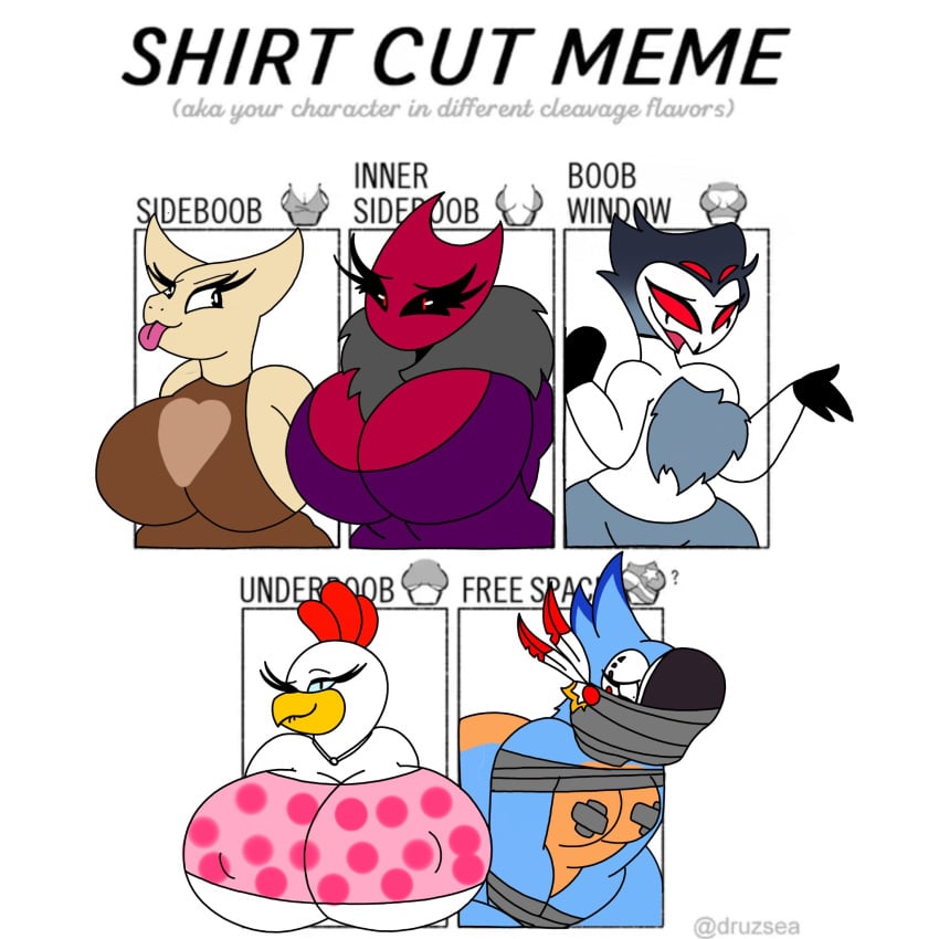 anthro anthro_only avian avian_humanoid bird bondage bound breasts breath_of_the_wild chest_fluff chicken covered_nipples demon female furry furry_only gag gagged heart helluva_boss inner_sideboob kass_(tloz) kass_(zelda) lady_winter_(plapjax) male meme nipple_bulge nipples nipples_visible_through_clothing owl owl_demon plapjax raspberry_(plapjax) shirt_cut_meme sideboob stolas_(helluva_boss) tape tape_bondage tape_gag taped_nipples the_legend_of_zelda tied_up tongue tongue_out