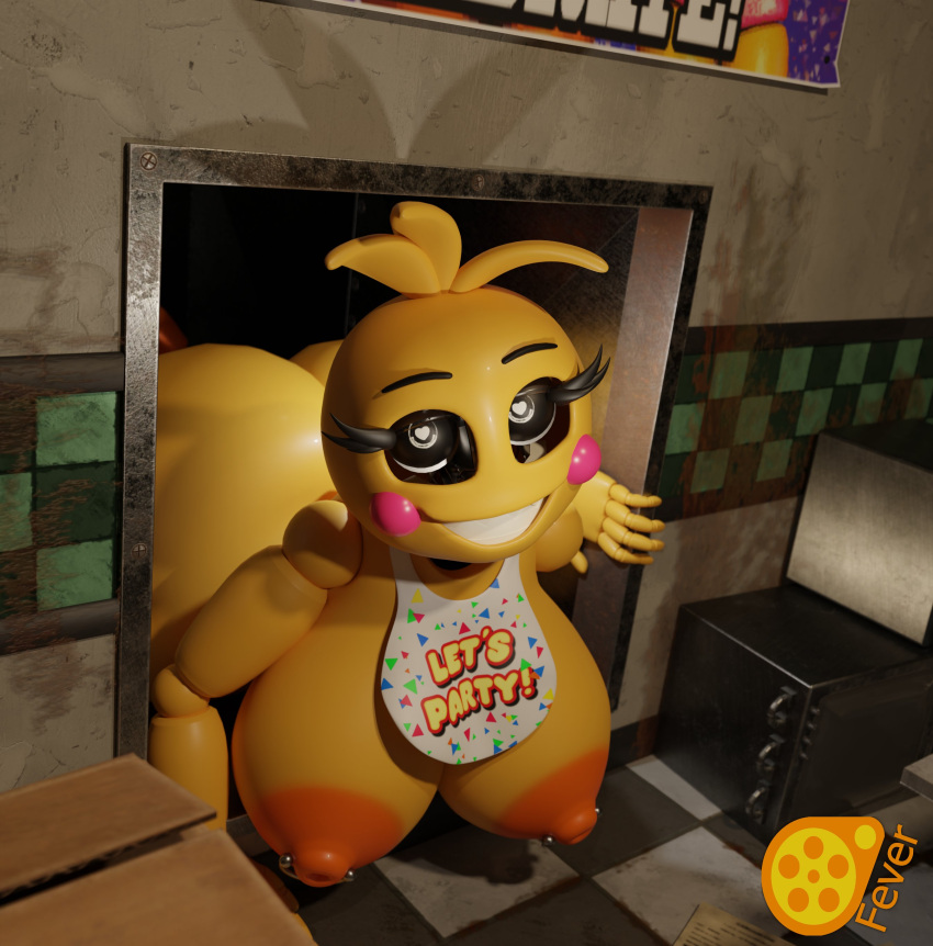 <3_eyes 1girls 3d 3d_(artwork) 5_fingers ass big_ass big_breasts big_butt box breasts bubble_ass bubble_butt female_only feversfm five_nights_at_freddy's five_nights_at_freddy's_2 heart-shaped_pupils huge_ass huge_breasts huge_butt looking_at_viewer lovetaste_chica nipple_piercing no_bra no_humans piercing poster sharp_teeth smile smiling solo solo_female stuck stuck_in_vent toy_chica_(fnaf) toy_chica_(love_taste) useless_clothing vent