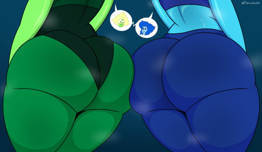 2girls ass ass_focus ass_to_ass big_ass blue_skin bubble_butt clothing dat_ass fat_ass female female_only green_skin huge_ass lapis_lazuli_(steven_universe) large_ass peridot_(steven_universe) steven_universe thick_ass thick_thighs trenchgazer wide_hips