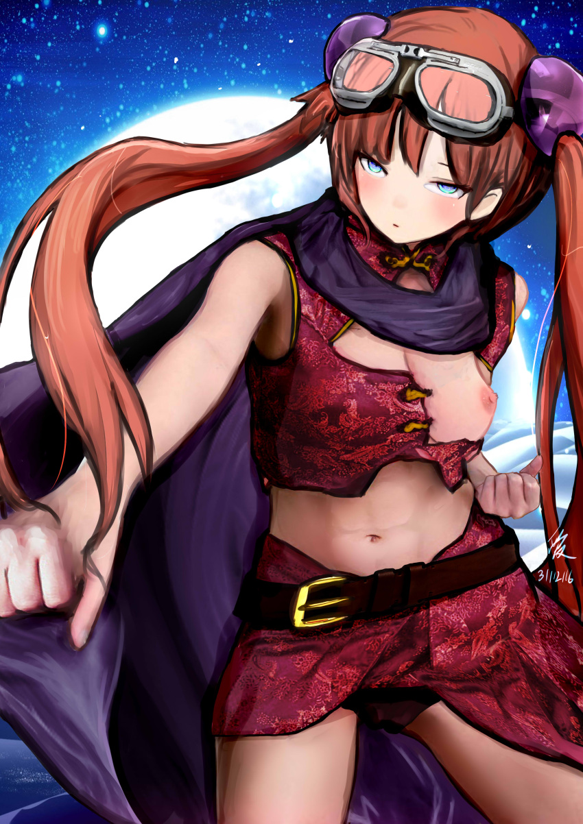 aged_up aruuin bare_midriff blue_eyes blush bun_cover cape chinese_clothes cleavage_cutout double_bun female female_only gintama goggles goggles_on_head hair_ornament hi_res kagura_(gintama) long_hair looking_at_viewer navel no_bra one_breast_out orange_hair painting_(artwork) sleeveless sleeveless_shirt small_breasts solo twintails very_high_resolution