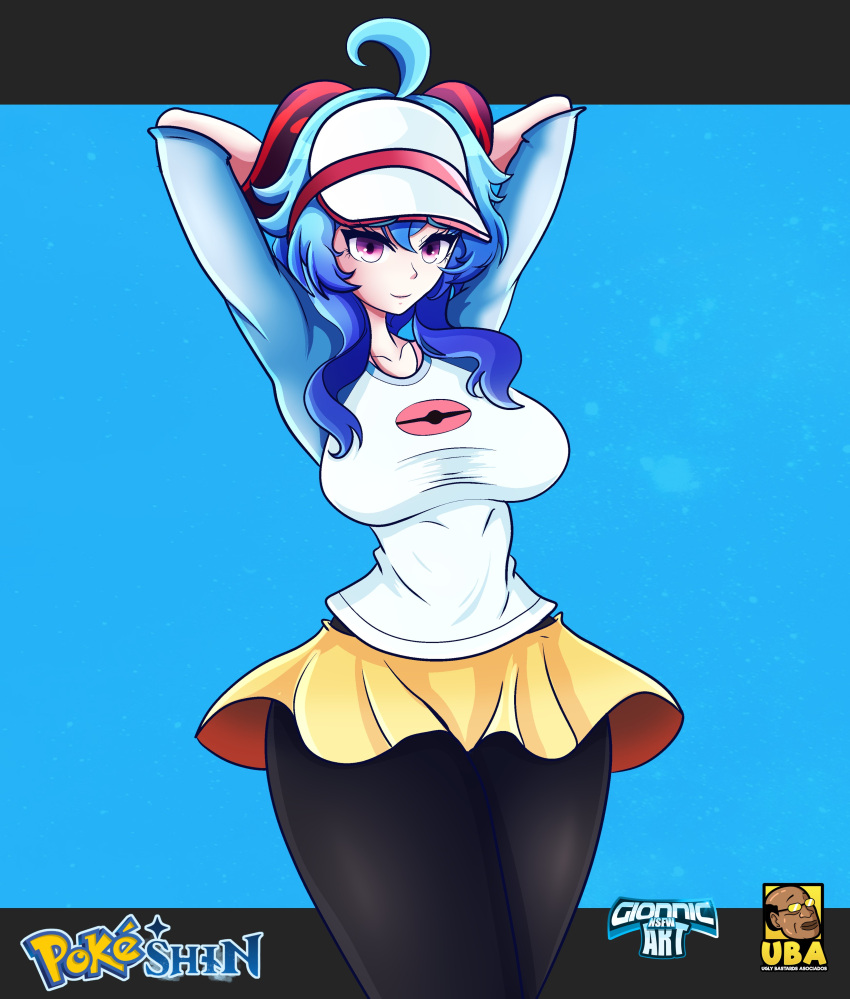 arms_behind_back arms_behind_head big_breasts big_breasts blue_hair ganyu_(genshin_impact) genshin_impact gionnic_art gionnic_art_(artist) gionnics horn pink_eyes pokemon rosa_(pokemon)