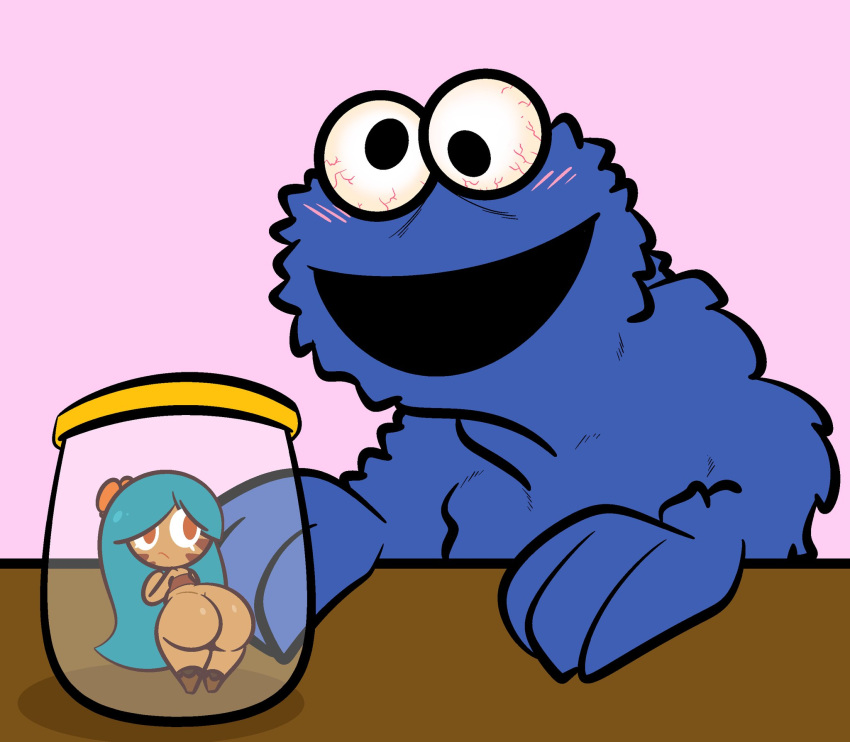 1girls ass cookie_monster cookie_run ekkokenight jar meme oh_no rear_view sesame_street tagme tiger_lily_cookie