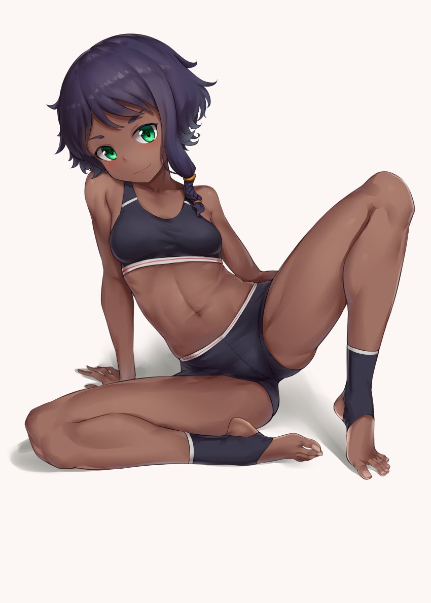 1girls absurd_res alice_gear_aegis aomoro bangs bare_legs bare_shoulders barefoot black_shorts blush breasts collarbone dark-skinned_female dark_skin eyebrows_visible_through_hair feet full_body greek_toe green_eyes looking_at_viewer medium_breasts navel open_clothes shanti_rana shorts simple_background sitting solo sports_bra sportswear spread_toes stirrup_legwear stomach toeless_legwear toenails toes white_background