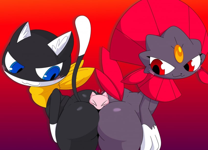 anthro ass ass_to_ass between_buttocks big_ass ekkokenight felid feline mew mew_(pokemon) morgana_(persona) persona persona_5 pokemon pokemon_(species) rear_view straight_hair tagme weavile