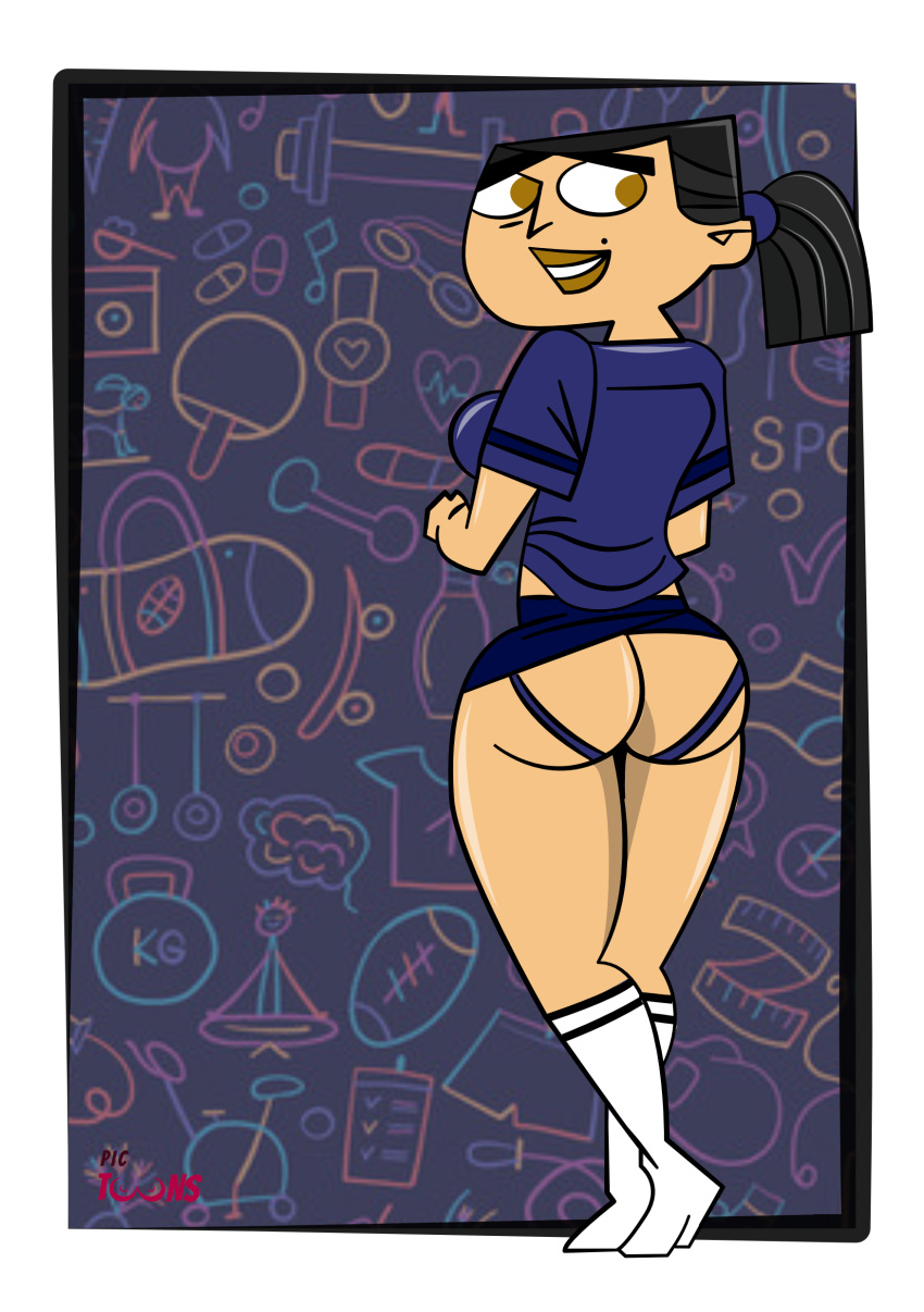 1girls accurate_art_style ass ass_cutout back_view beauty_mark big_ass big_breasts black_hair breasts cartoon_network commission commissioner_upload eva_(tdi) female female_focus female_only fresh_tv half-dressed jockstrap looking_at_viewer mole open_panties panties pictoons pictoons_(artist) ponytail shirt smile smiling smiling_at_viewer socks teletoon thick_thighs tied_hair total_drama_island unibrow wide_hips