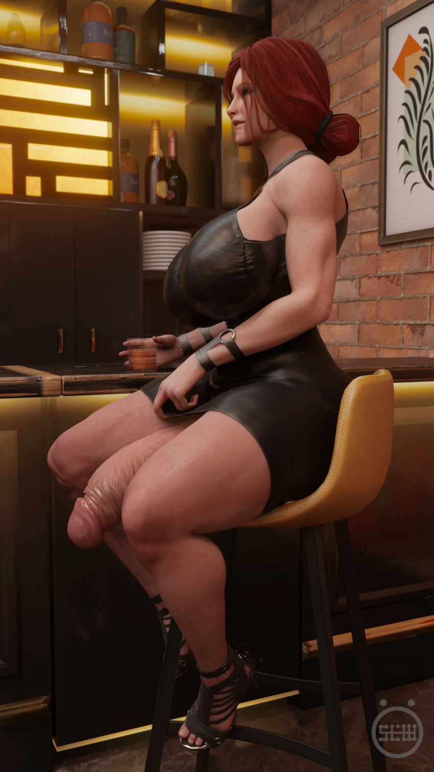 1futa 3d 3d_(artwork) alcohol bar_chair big_breasts bottomless clothed clothing dress futa_only futanari human large_penis light-skinned_futanari light_skin mostly_clothed red_hair self_upload sitting slow_(artist) solo the_witcher_(series) triss_merigold