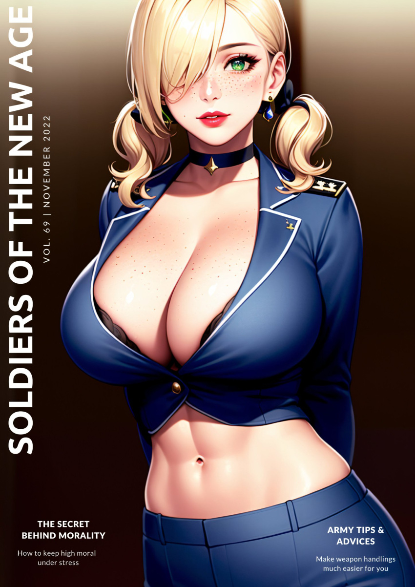 1girls ai_generated big_breasts blonde_hair english_text female female_only high_resolution highres looking_at_viewer magazine_cover milf nai_diffusion original pilot_hat pilot_suit seductive_look solo stable_diffusion text