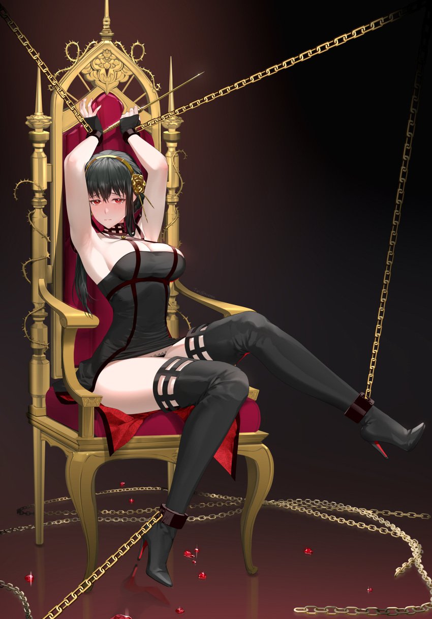 ankle_cuffs assassin au11 black_boots black_dress black_hair bondage chained chains dark_hair embarrassed female gold_chains looking_at_viewer red_eyes spy_x_family stiletto_(weapon) thigh_boots thighhighs thorn_princess throne wrist_cuffs yor_briar yor_forger