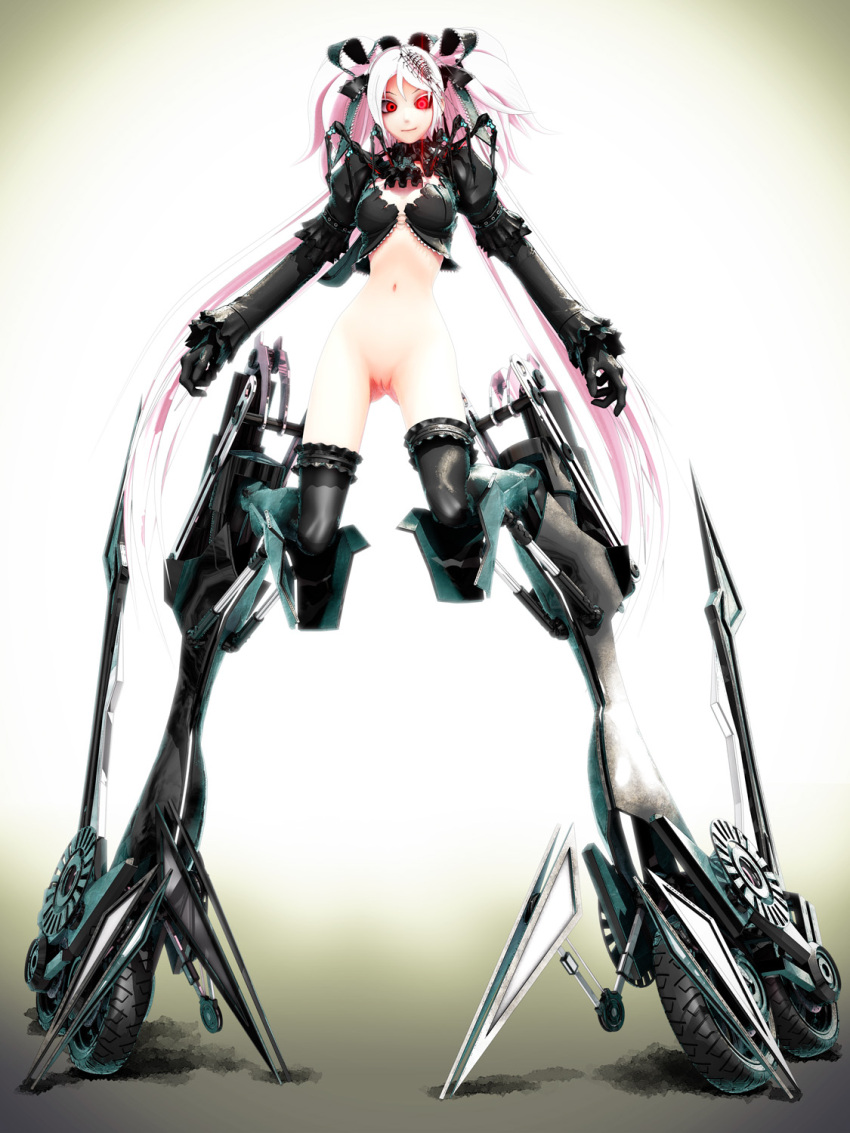 bottomless calne_ca cyborg deino_(artist) maeda_koutarou mandibles pink_hair pussy red_eyes wheels