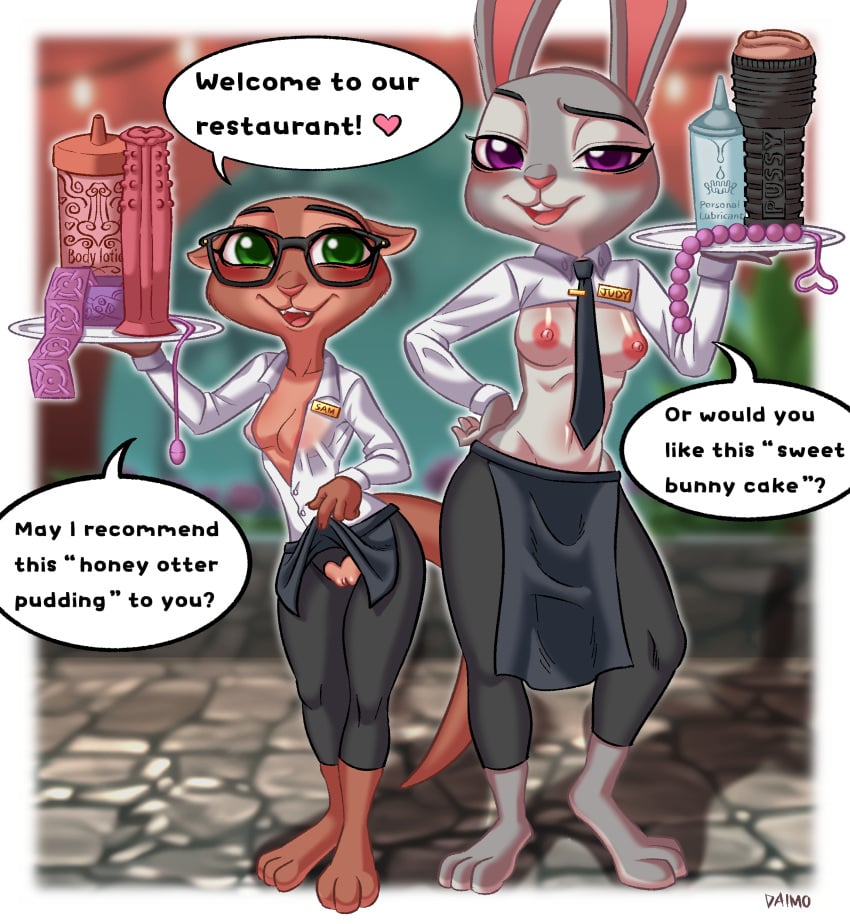 2022 absurd_res anal_beads anthro areola breasts brown_body brown_fur clothed clothing condom daimo dildo disney duo english_text eyewear female fur genitals glasses green_eyes grey_body grey_fur hi_res judy_hopps lagomorph leporid lotion lube lutrine mammal multicolored_body multicolored_fur mustelid nipples penetrable_sex_toy purple_eyes pussy rabbit sam_(zootopia+) sex_toy sexual_barrier_device small_breasts speech_bubble text two_tone_body two_tone_fur zootopia zootopia+