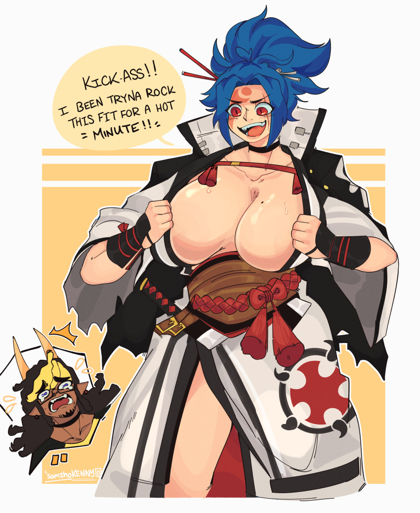 1boy 1girls baiken_(cosplay) blue_hair body_swap bodyswap braless cosplay face_markings female_focus hair_ornament hair_ribbon happy huge_breasts kuna_(lr_mano) looking_at_breasts looking_at_self male_to_female mole_on_breast no_panties ponytail red_eyes shocked_expression showing_off simple_background sweat sweatdrop text text_bubble worried_expression