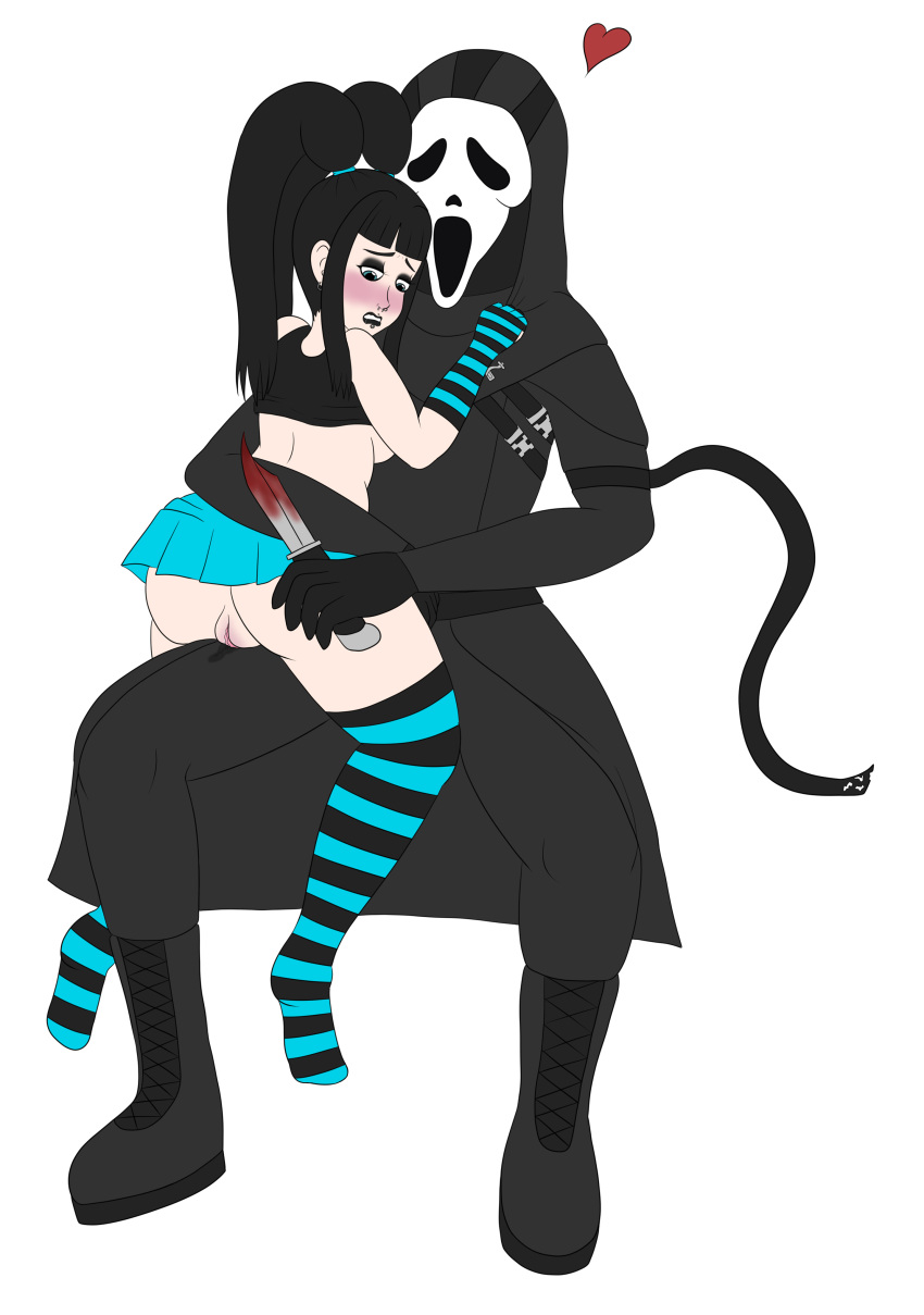 arm_warmers black_lipstick blood danny_johnson dead_by_daylight ghostface goth goth_girl knife no_bra no_panties original_character piercings size_difference thigh_riding thigh_socks thigh_straddling