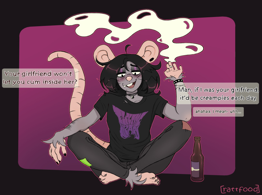 absurd_res alcohol anthro beverage clothed clothing dialogue drunk explicit_text female glistening glistening_eyes goth hi_res infidelity looking_at_viewer mammal morgan_(rattfood) murid murine piercing rat rattfood rodent smoking solo substance_intoxication talking_to_viewer tired_eyes