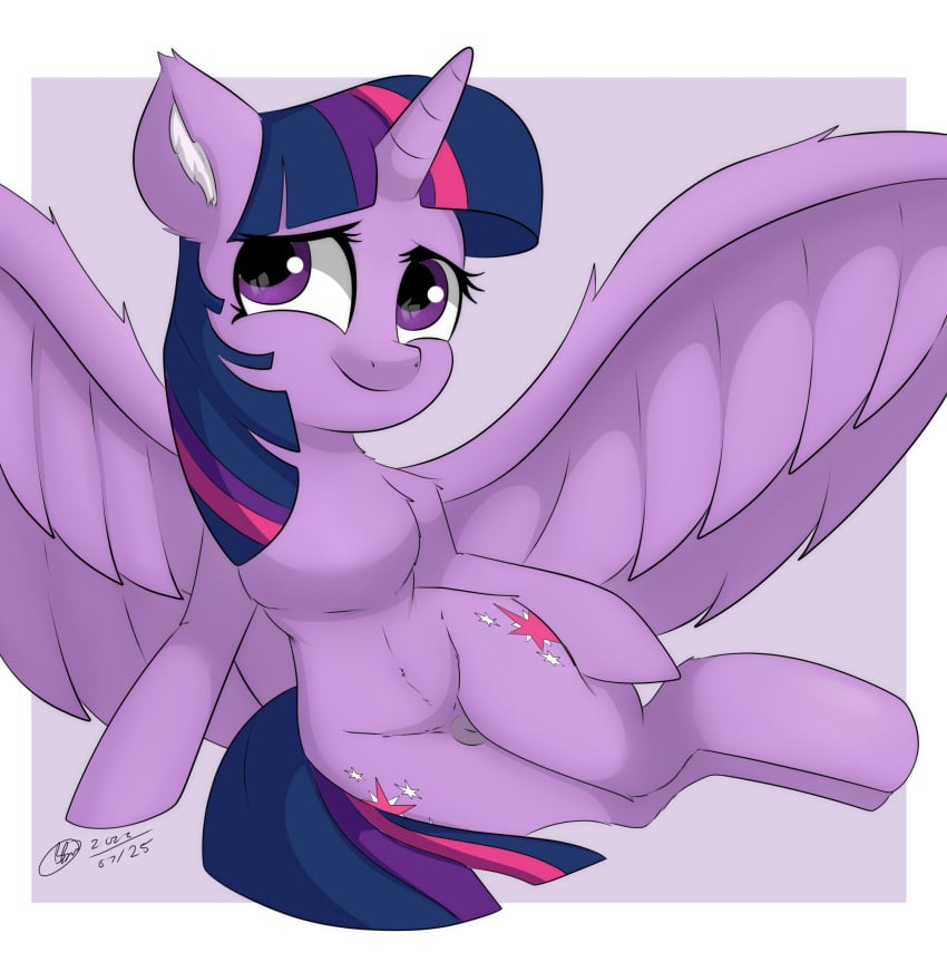 2022 alicorn animal_genitalia animal_pussy bunbunmuffinart bunbunmuffins cutie_mark digital_media_(artwork) equid equine equine_pussy eyelashes feathered_wings feathers female feral friendship_is_magic fur genitals hair hasbro hi_res horn inner_ear_fluff mammal my_little_pony pose princess_twilight_sparkle_(mlp) purple_body purple_eyes purple_feathers purple_fur purple_hair purple_tail pussy signature smile solo tuft twilight_sparkle_(mlp) wings