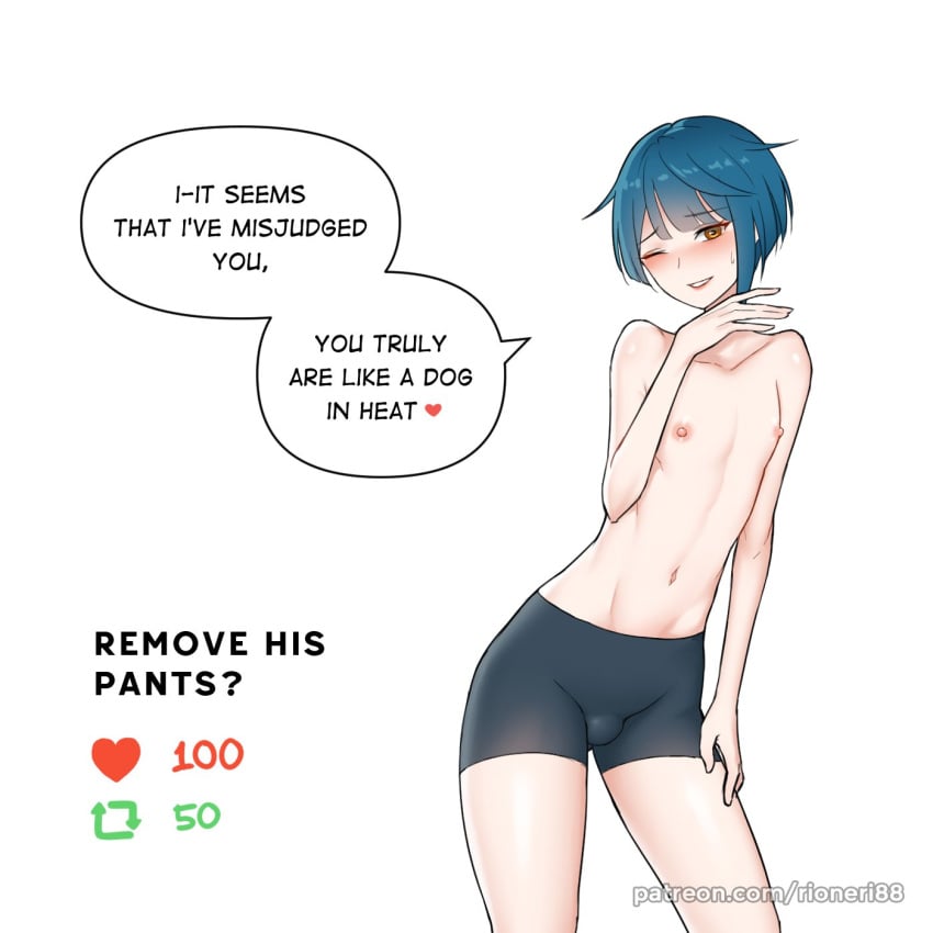 1boy blue_hair effeminate english_text femboy genshin_impact girly male male_only otoko_no_ko otokonoko rioneri solo text tomgirl trap xingqiu_(genshin_impact)