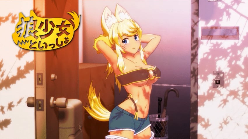 1girls 3d animal_ears animated arms_behind_head beltbra big_breasts blonde_hair breasts bronze_skin_color busty cleavage denim denim_shorts female female_only large_breasts legs liru midriff myu_ranran navel o-ring o-ring_top ponytail pose posing renkin_san-kyuu_magical_pokaan revealing_clothes seismic sexy_armpits shorts suspenders tail thighs underboob wolf_ears wolf_girl wolf_tail