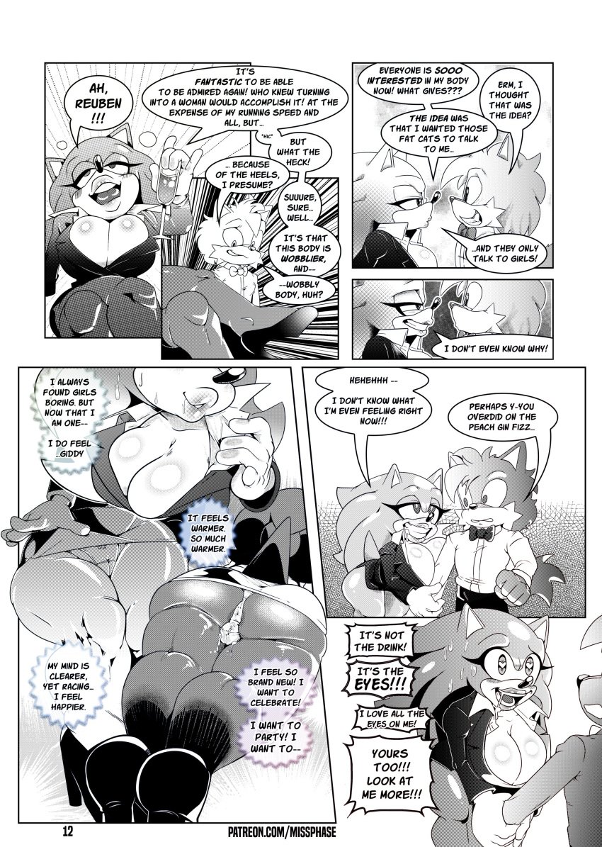 absurd_res anthro ass big_breasts bottomwear breasts camel_toe clothing comic crossed_legs dialogue drunk english_text eulipotyphlan female hedgehog hi_res male mammal missphase monochrome mtf_crossgender page_12 panties rule_63 sega skirt sonic_(series) sonic_the_hedgehog sonic_the_hedgehog_(series) sonique_the_hedgehog substance_intoxication underwear