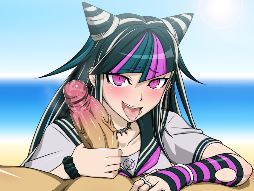 alternate_version_available beach blowjob blush clothed_female_nude_male completely_nude completely_nude_male danganronpa danganronpa_2:_goodbye_despair erection handjob kurojiya mioda_ibuki penis straight_hair super_danganronpa_2