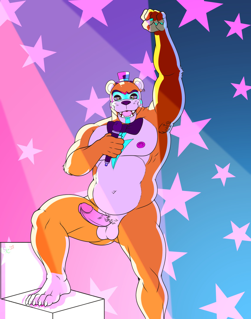 absurd_res anthro bear erection exhibitionism five_nights_at_freddy's five_nights_at_freddy's:_security_breach furry glamrock_freddy_(fnaf) hi_res machine male male_only mammal microphone musclegut naked nude performance pinup pose rockstar scottgames solo solo_male ursid video_games