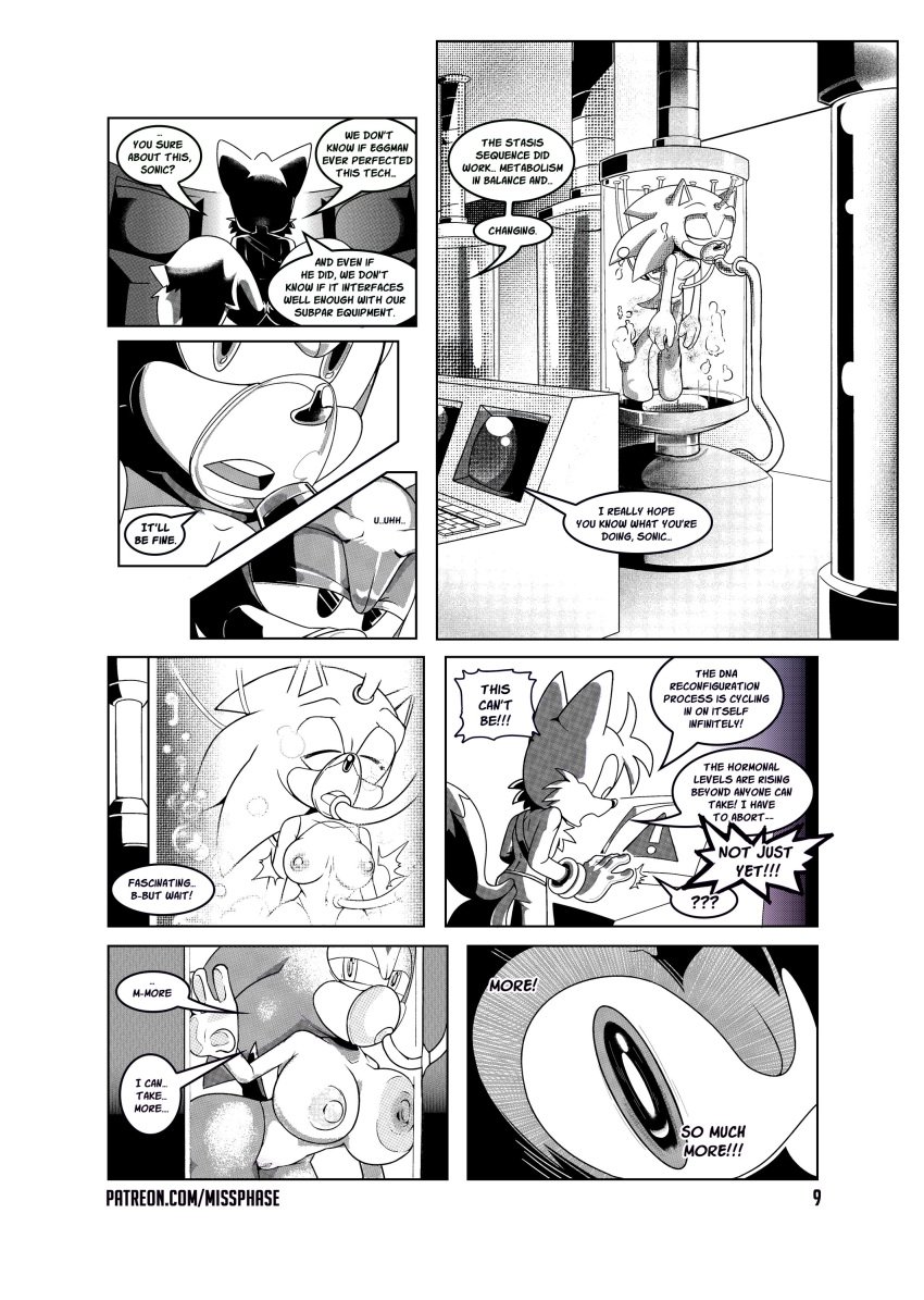 absurd_res against_surface anthro big_breasts breasts breasts_on_glass canid canine comic dialogue duo english_text eulipotyphlan fox gender_transformation genitals hedgehog hi_res male mammal miles_prower missphase monochrome mtf_transformation nipples nude on_glass page_9 pussy sega sonic_(series) sonic_the_hedgehog sonic_the_hedgehog_(series) sonique_the_hedgehog tails tails_the_fox transformation