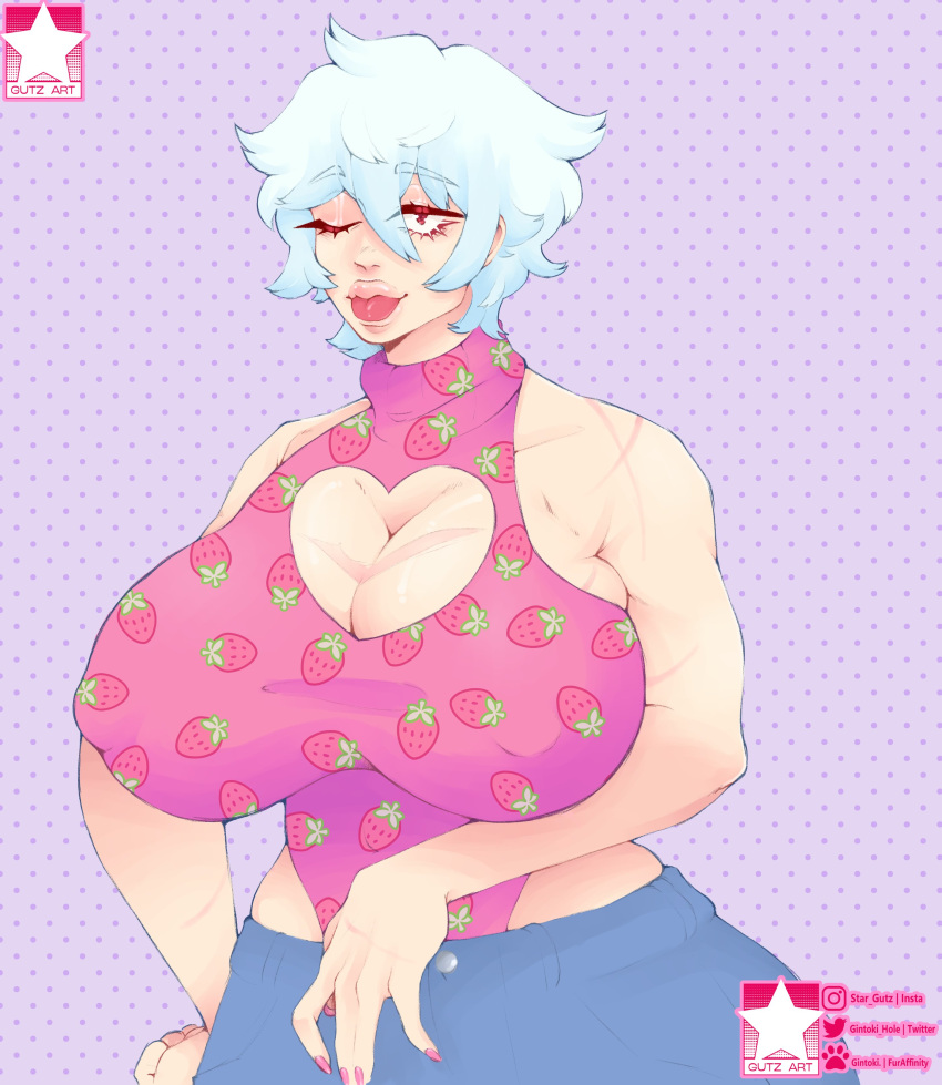 alternate_costume big_breasts big_lips bimbo canon_genderswap cleavage cleavage_cutout enormous_breasts female female_only fluffy_hair genderswap_(mtf) ginko_sakata gintama gintoki_sakata gutzart hair_between_eyes heart_cutout huge_breasts jeans leotard light_blue_hair muscular muscular_female nail_polish nipple_bulge pink_nails red_eyes rule_63 scars short_hair sleeveless smile solo sweater tongue_out turtleneck white_hair wide_hips wink