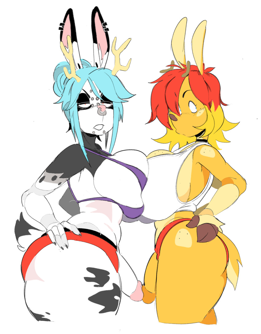 absurd_res anthro antlers breast_squish breasts cervid clothing duo female hi_res horn intersex intersex/intersex jackalope lagomorph mammal penises_touching piercing saint_(mailboxmagee) squish underwear velvet_(velvetomo) velvetomo