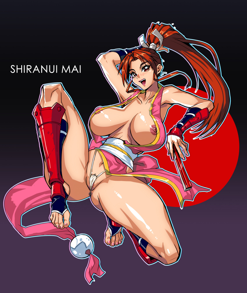 anus anus_peek areolae athletic athletic_female barefoot big_breasts breasts brown_eyes brown_hair busty cleavage fatal_fury g-string hourglass_figure king_of_fighters kunoichi large_breasts long_hair mai_shiranui ninja nipples pinup pinup_pose ponytail snk toeless_legwear w-link wide_hips