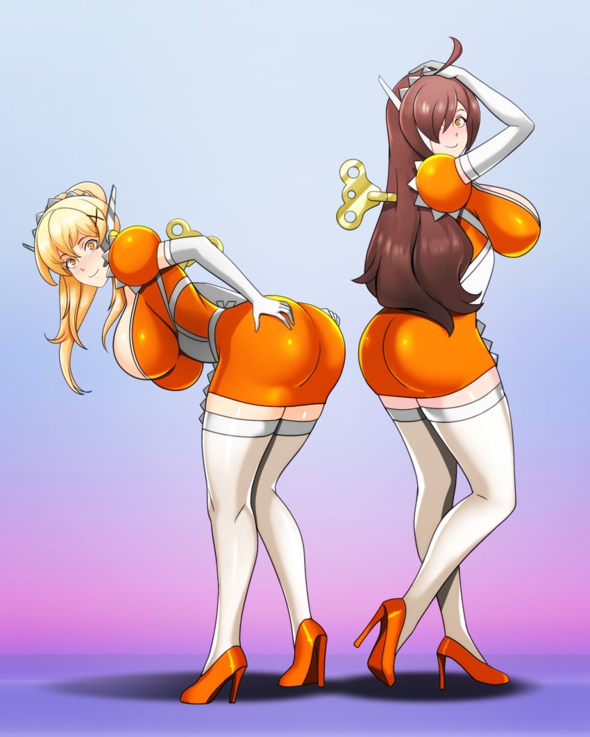 2girls absurdres ass ass_expansion blonde_hair brainwashing breasts brown_hair darkness_(konosuba) female_only femsub hair_covering_one_eye high_heels huge_breasts hypnosis kono_subarashii_sekai_ni_shukufuku_wo! latex long_hair looking_at_viewer maid male_pov maledom mind_control multiple_girls multiple_subs opera_gloves orange_eyes ponytail pov pov_dom shinzu031 tech_control very_long_hair wind-up_key wiz_(konosuba)