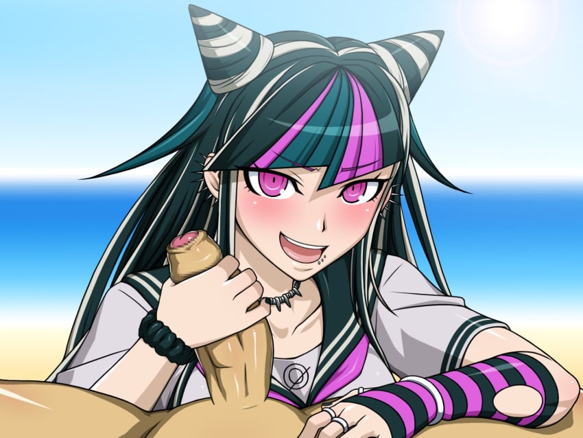 alternate_version_available beach clothed_female_nude_male completely_nude completely_nude_male danganronpa danganronpa_2:_goodbye_despair handjob kurojiya mioda_ibuki penis straight_hair super_danganronpa_2