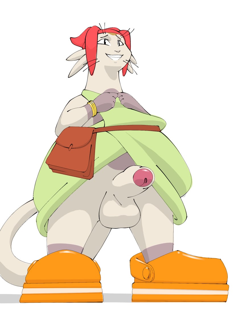 anthro balls betelgeusian clothed clothing erection felid feline foreskin genitals grin hi_res humanoid_genitalia ickyfig male male_only mammal meow_(space_dandy) partially_clothed penis smile solo space_dandy white_background