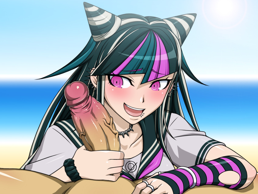 alternate_version_available beach blush clothed_female_nude_male completely_nude completely_nude_male danganronpa danganronpa_2:_goodbye_despair erection handjob kurojiya mioda_ibuki penis straight_hair super_danganronpa_2