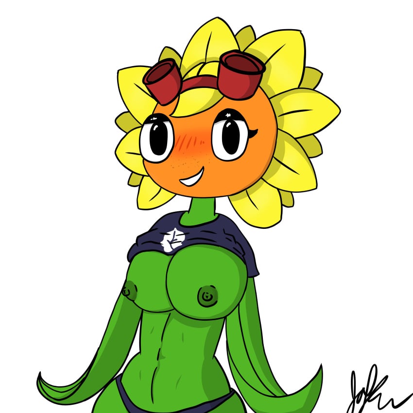 1girls belly_button black_eyes black_panties black_shirt blush breasts breasts_out female_only goggles goggles_on_head green_nipples joku676 nipples no_bra petals plant plant_girl plant_humanoid plantie plants_vs_zombies plants_vs_zombies:_heroes shirt_lift smiling smiling_at_viewer solar_flare_(pvz) sunflower sunflower_(pvz)