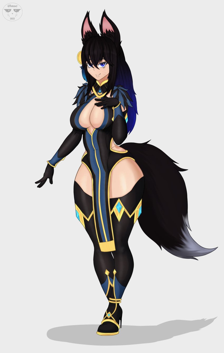 1girls 2022 animal_ears big_breasts big_hips black_hair blue_eyes blue_hair breasts busty cleavage clothed clothed_female clothing commission female female_only fox_ears fox_girl fox_tail full_body fully_clothed glasc heels humanoid kemonomimi light-skinned_female light_skin long_hair original original_character pelvic_curtain solo solo_female standing tail thick_thighs thighs two_tone_hair voluptuous white_background wide_hips