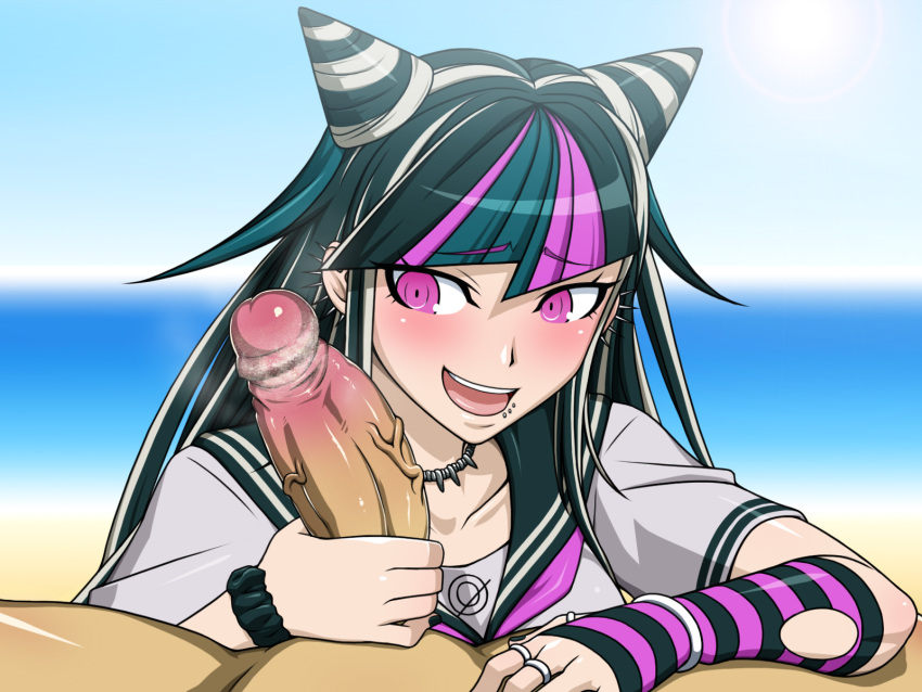 alternate_version_available beach blush clothed_female_nude_male completely_nude completely_nude_male danganronpa danganronpa_2:_goodbye_despair erection handjob kurojiya mioda_ibuki penis smegma straight_hair super_danganronpa_2