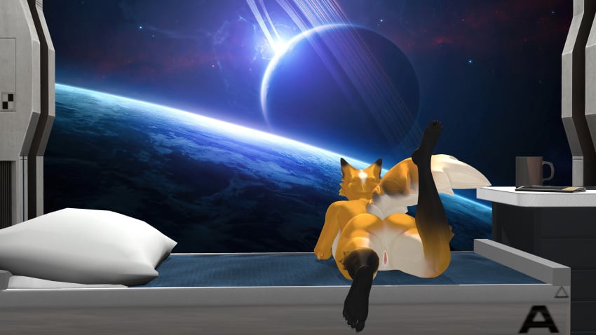 3gub absurd_res anthro ass black_feet canid canine female fox genitals hi_res mammal orange_body pink_pussy planet pussy science_fiction solo space wolf_(petruz)